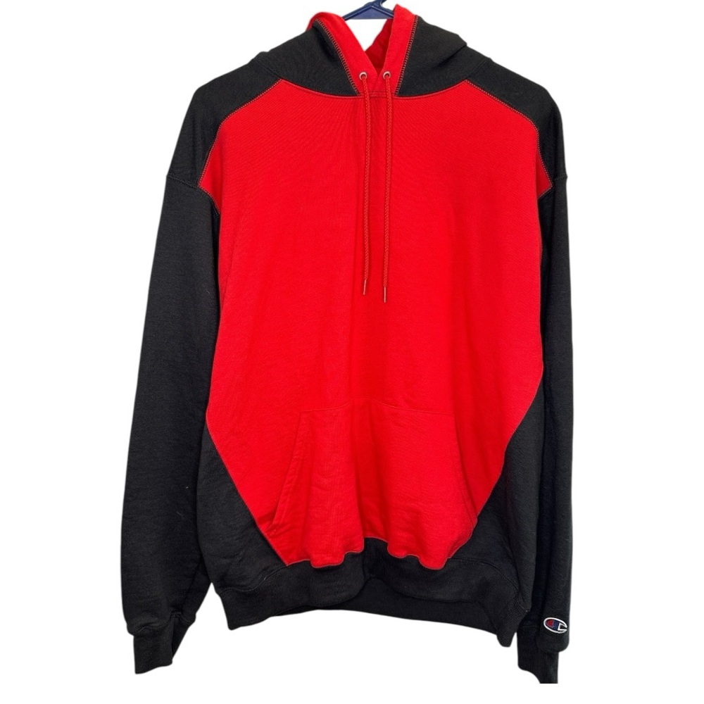 Champion Men's Hoodie Vintage Size Large Color Block Sweatshirt Red Black-Soft